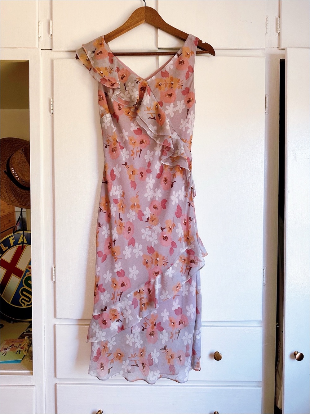 70s inspired purple floral dress with ruffles
